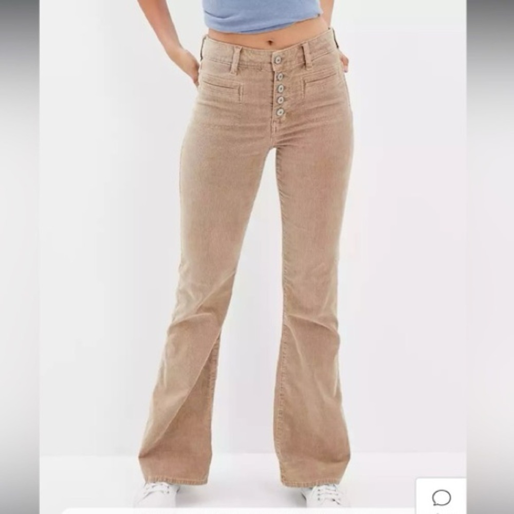NWT American Eagle Super High Rise Flare Corduroy Pants Tan Beige Size 14 32 W